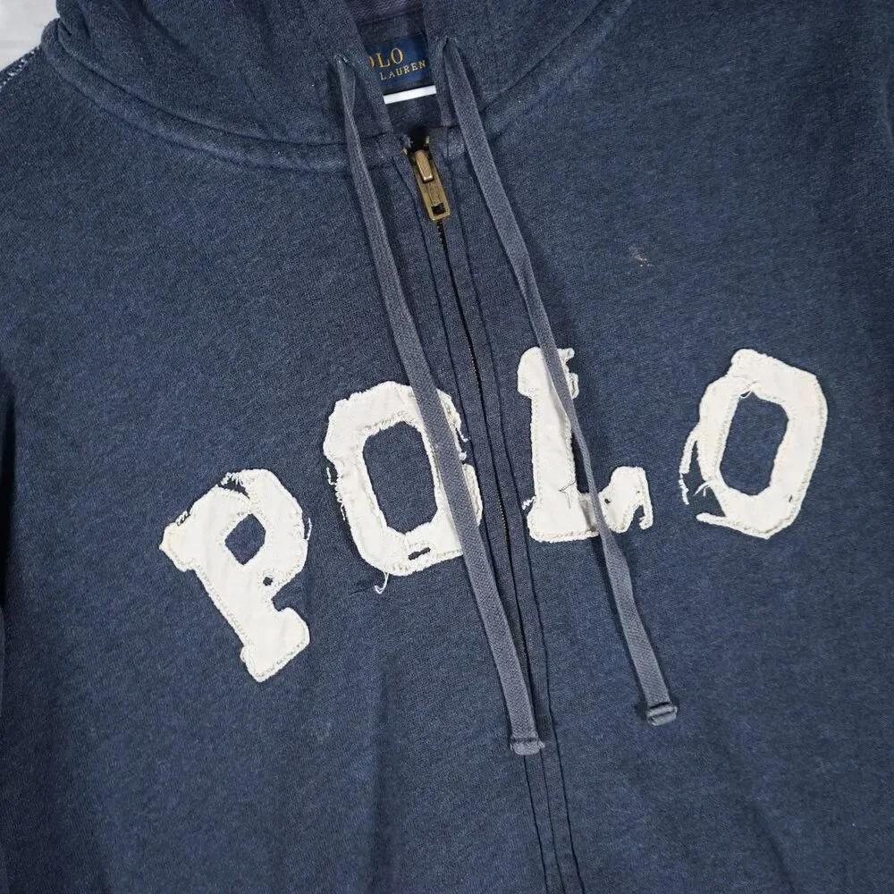 Polo Ralph Lauren Spellout Distressed Hoodie Navy XL Cropped See Measurements